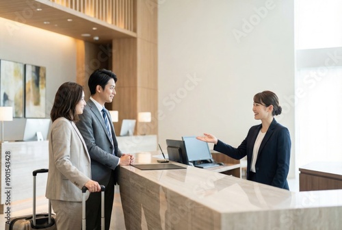 A friendly Asian hotel receptionist welcomes a professional couple, checking them in at the front desk of a modern hotel.