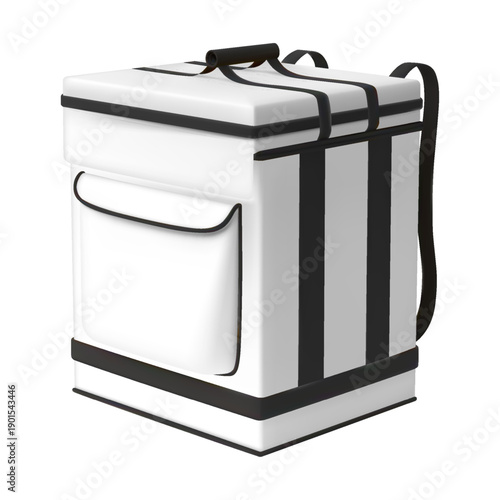 3D white courier delivery backpack, vector realistic thermal box container refrigerator for fresh food product shipping