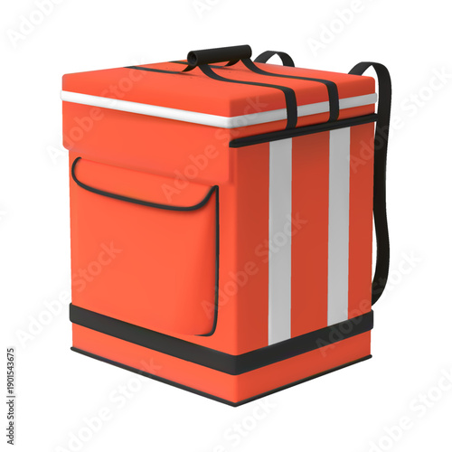 3D red courier delivery backpack, vector realistic thermal box container refrigerator for fresh food product shipping