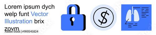 Data security, financial management, medical diagnostics, economic analysis, healthcare services, technology. Lock design, dollar symbol and lungs illustration. Data security and financial