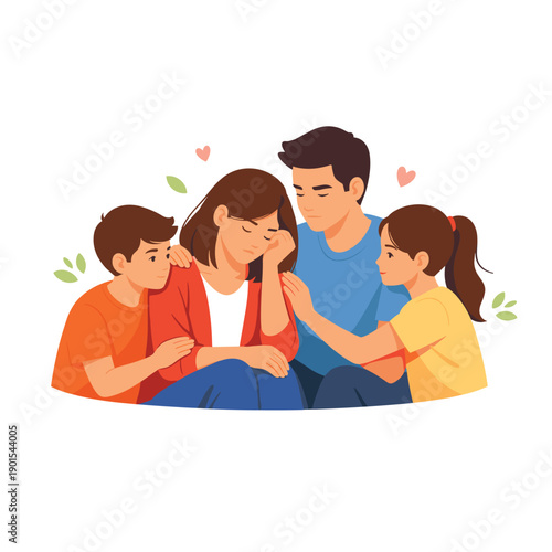 Family comforting a mother in distress