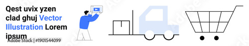 Person holding a computer screen, truck with boxes, and shopping cart. Ideal for logistics, e-commerce, technology, delivery solutions, retail, online services a simple landing page