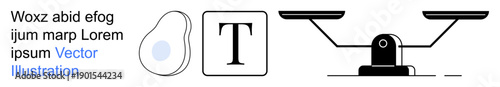 Education, literature, law, decision-making, food, typography. Avocado graphic, letter T block scale icon in abstract arrangement. Decision-making and law concepts visually