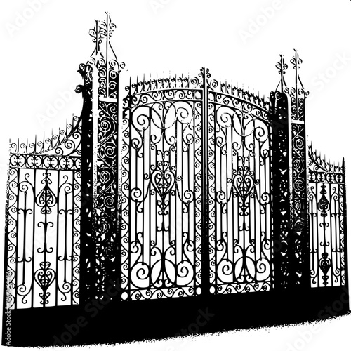 Elegant wrought iron entrance gate vector, royal floral ornament pattern, luxury estate main gate silhouette
