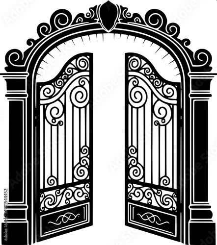 Elegant wrought iron entrance gate vector, royal floral ornament pattern, luxury estate main gate silhouette