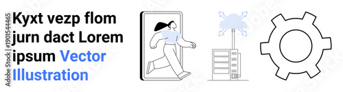 Person stepping through frame implies progress, paired with cloud network and gear icon symbolizing technology, innovation, and automation. Ideal for tech services, cloud solutions, educational