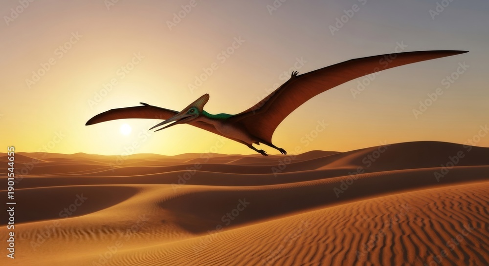 Naklejka premium Pteranodon dinosaur flying gracefully over a vast desert landscape at sunset. Prehistoric world with ancient reptile.