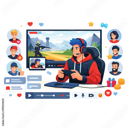 Gamer with headset playing video games at home