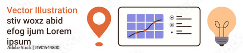 Business analytics, data strategy, innovation, global navigation, technology, productivity. Graph with data points, map pin lightbulb icon. Business analytics and data strategy concepts