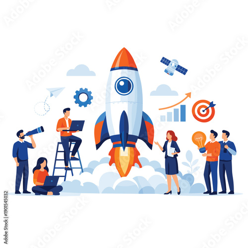 Team collaborating on a project with a rocket launch theme