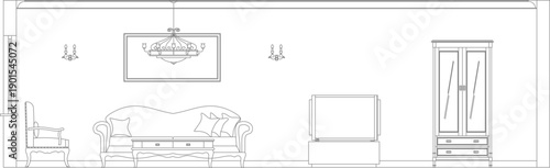 Technical vector illustration of a classic living room elevation, featuring an ornate sofa, chandelier, wall sconces, and a tall glass cabinet.