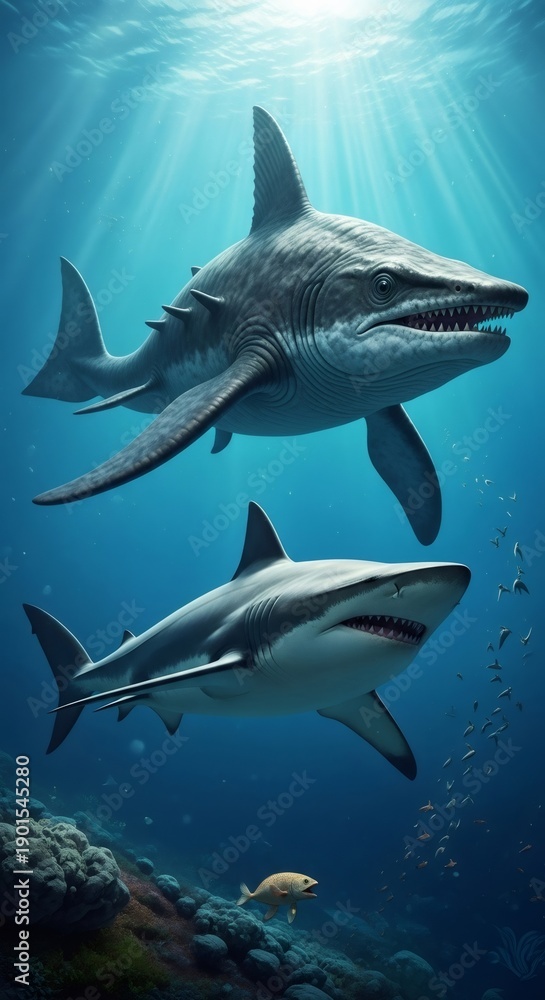 Fototapeta premium Megalodon and white shark swimming underwater near smaller fish. Prehistoric marine predator in ancient ocean environment. Cenozoic era.
