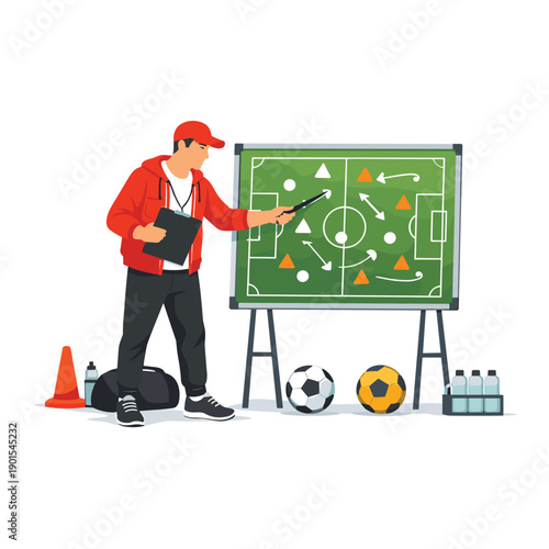 Soccer trainer demonstrating tactics on a board