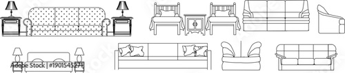 Technical vector illustration of home furniture elevations, featuring classic and modern sofas, a bed, and table lamps in black line art.