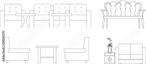 Technical vector illustration of living room seating elevations, featuring modern sofas, classic benches, armchairs, and side tables in outline.
