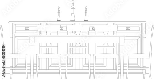 Technical vector illustration of a classic dining room elevation, featuring a long table, chairs, and a decorative sideboard cabinet.