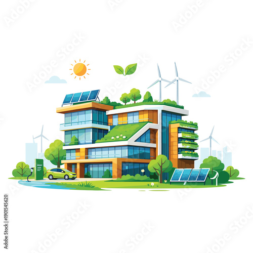 Sustainable building with solar panels and wind turbines