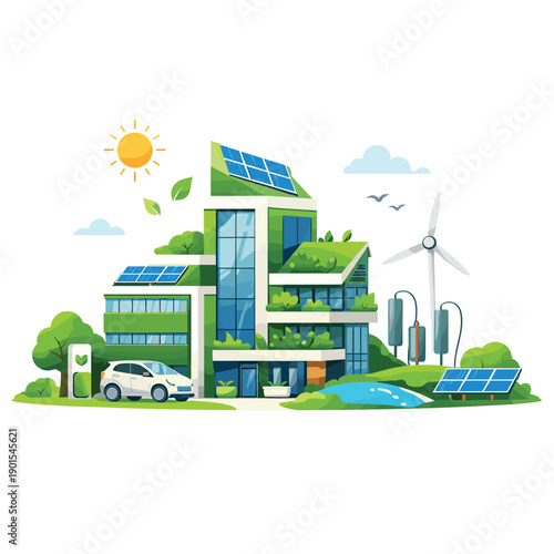 Eco-friendly building with solar panels and greenery