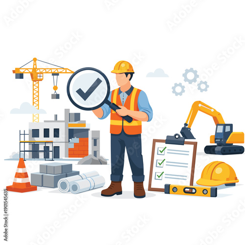 Construction inspector reviewing site with checklist