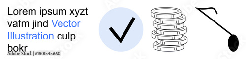 Business validation, financial management, craftsmanship, approval process, quality assurance, operation tools. A checkmark, stack of coins and hook graphic. Financial management and quality