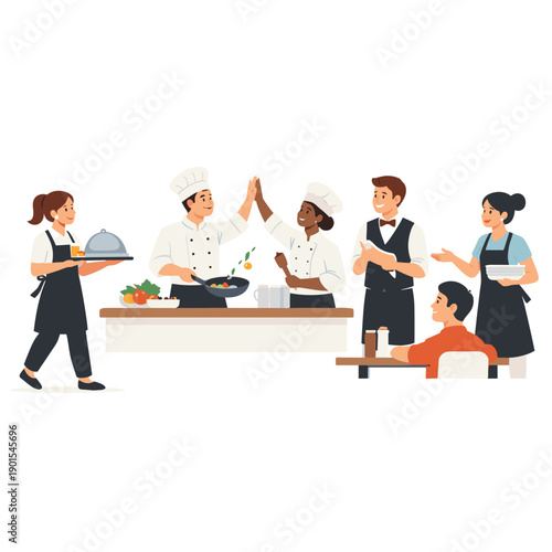 Chefs collaborating in a lively kitchen environment