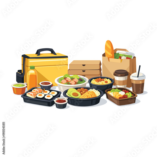 Variety of takeout food and lunch boxes