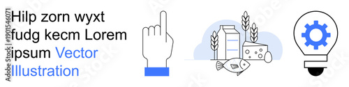 Innovation, food production, creativity, agriculture, business concepts, and technology. Icons include a hand pointing upwards, agricultural produce and a lightbulb with a gear. Innovation and food