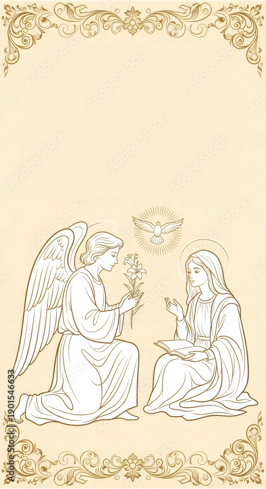 Fototapeta premium Angel Gabriel kneeling before woman Virgin Mary, holding lily, with dove of Holy Spirit. Annunciation concept for religious greeting card, invitation.