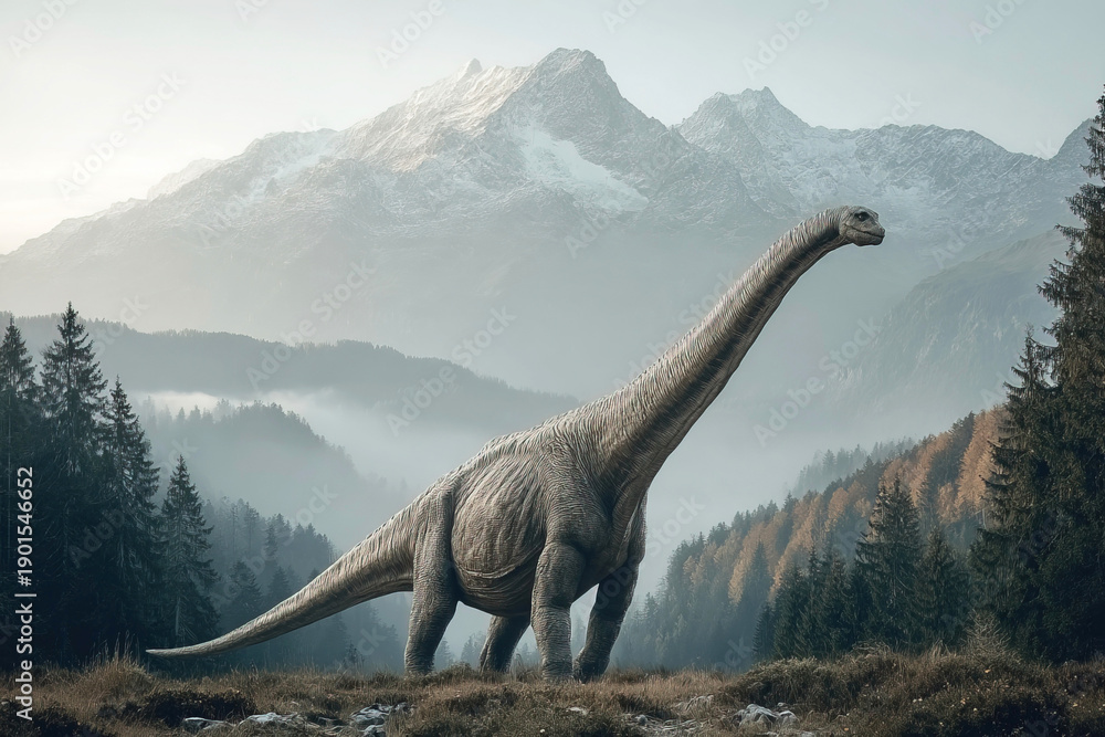 Fototapeta premium Glacialisaurus roams in a prehistoric landscape with mountains and forests