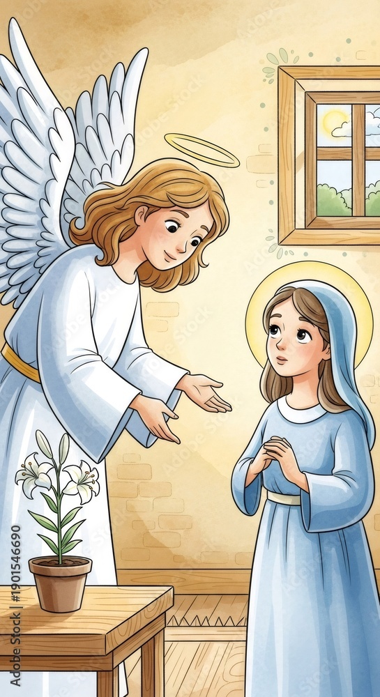 Fototapeta premium Angel Gabriel announcing to young woman, Mary, the birth of Jesus. The annunciation religious concept for Christmas and Easter.