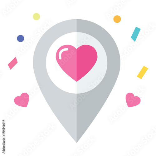 Love's Location: A symbol of love, with a heart at its core, emerges from a pinpoint location, surrounded by confetti to celebrate connection and affection. 