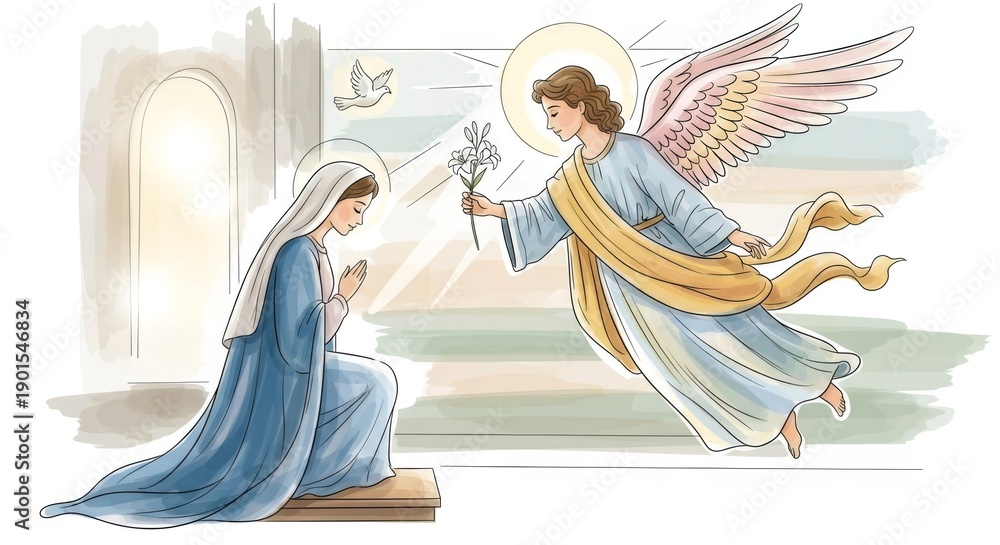 Fototapeta premium Angel Gabriel appearing to woman Mary during Annunciation. Religious scene for Christian spiritual theme and Holy Week. Religious tradition.