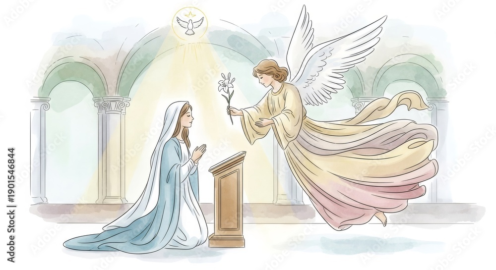 Fototapeta premium Woman kneeling in prayer as an angel appears with a lily. Annunciation scene in a church setting featuring Holy Spirit dove for religious illustration.