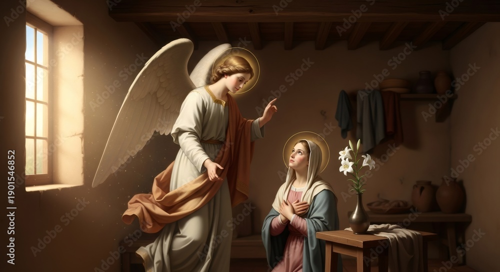 Fototapeta premium Archangel Gabriel brings glad tidings to the virgin Mary. Biblical annunciation scene for religious art, holy week, and Palm Sunday.