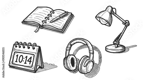 Hand-Drawn Workspace Essentials Set featuring Notebook, Desk Lamp, Digital Clock, and Headphones