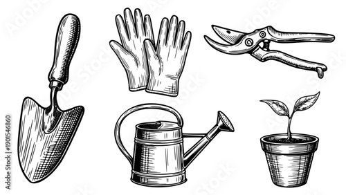 Vintage Hand-Drawn Gardening Tools Set with Trowel, Watering Can, Pruning Shears, and Potted Plant