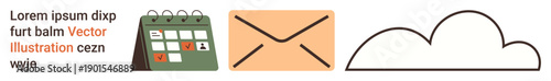 Email management, cloud storage, task organization, productivity tools, data sharing, digital workflow. A calendar, envelope and cloud icon tasks and communication. Email management and cloud