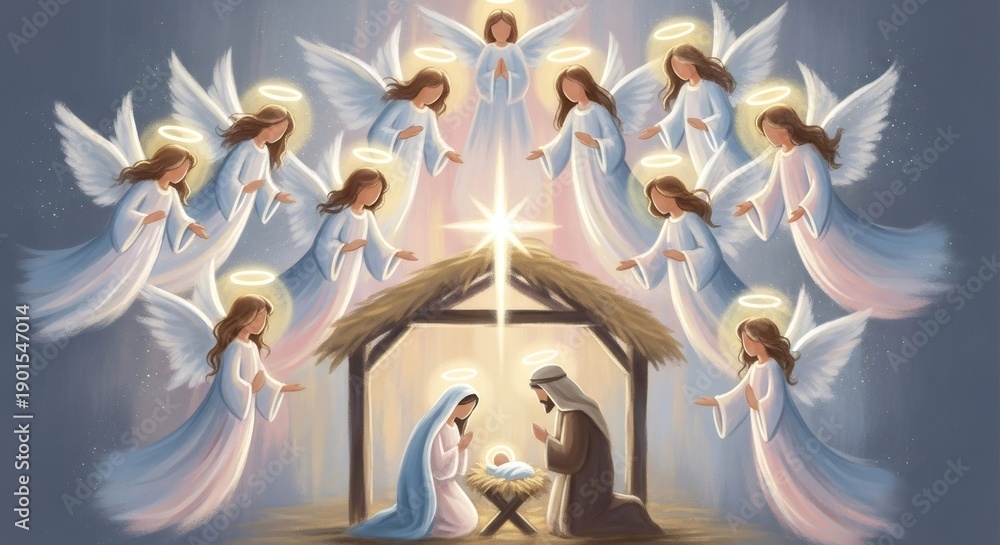 Fototapeta premium Mary and Joseph with baby Jesus in a manger surrounded by angels announcing the birth of Christ. Christian Christmas holiday scene for greeting card.