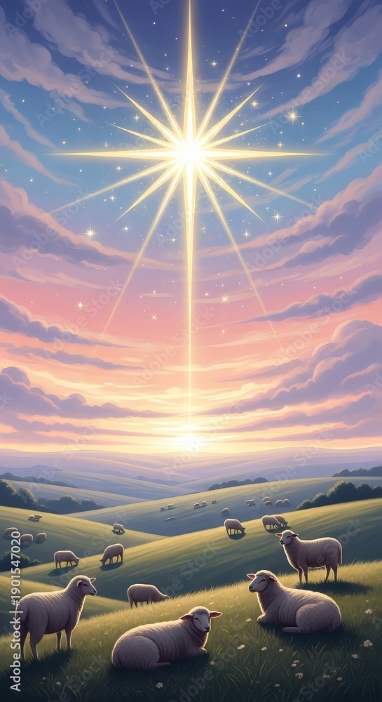 Fototapeta premium Bright star of Bethlehem shines over rolling hills with sheep grazing, biblical Christian Christmas scene. Nativity story artwork for holiday greeting card.