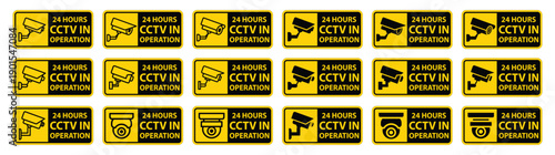 Set of Warning Signs Indicating 24 Hours CCTV in Operation for Safety