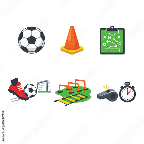Soccer training equipment icon set