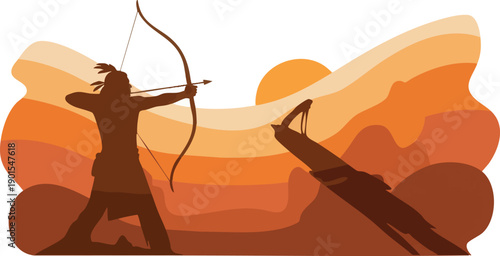 Man Silhouette Shooting Bow and Arrow.