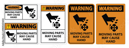 Warning Signs for Moving Parts with Cautionary Symbols and Text