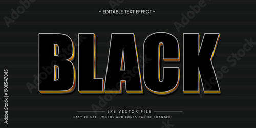 Editable black text effect with gold gradient outline, 3D depth, and soft shadow on dark textured background.