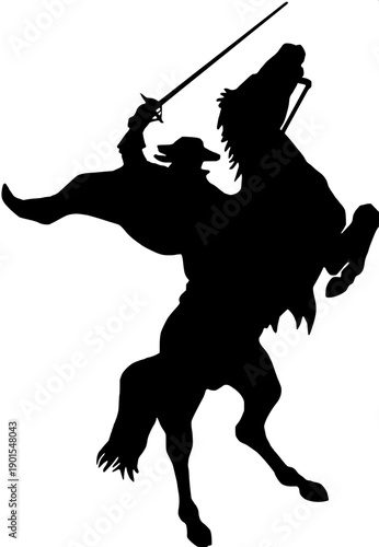 Black silhouette of a rearing horse with a warrior raising a scimitar, side profile, flat vector, high contrast, white background, logo-ready.