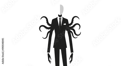 Sinister Full Body Faceless Figure in a Pinstripe Suit with Long, Coiling Tentacles and Exaggerated Elongated Claw-like Hands.