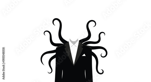 Intense Upper Body Shot of a Faceless Man in a Stark Black Suit with Numerous Dark, Coiling Tentacles Emerging from His Neck.