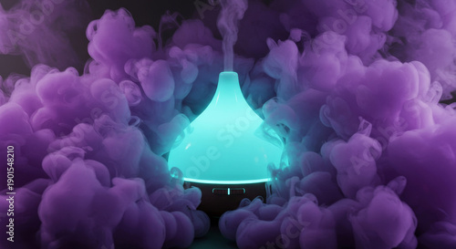 Glowing aroma diffuser emitting turquoise mist and surrounded by purple smoke for cozy home decor and relaxation concept.