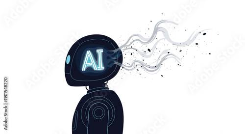 Futuristic Stylized Robot Head in Profile with Glowing Internal Text and Abstract Data Streams Emanating from its Dark Metallic Form.