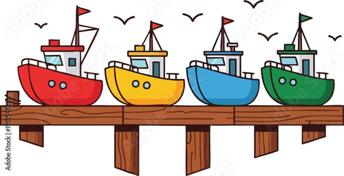 Colorful Toy Boats on Wooden Dock.
